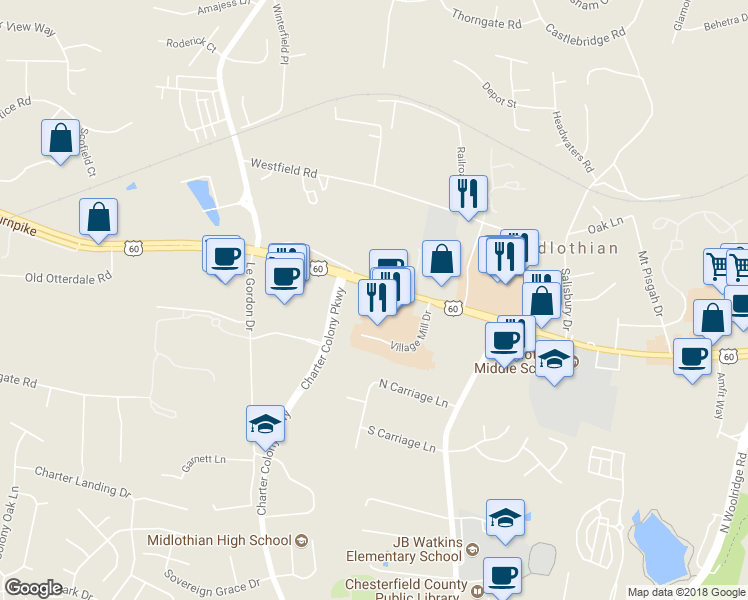 map of restaurants, bars, coffee shops, grocery stores, and more near 13866 Village Place Drive in Midlothian