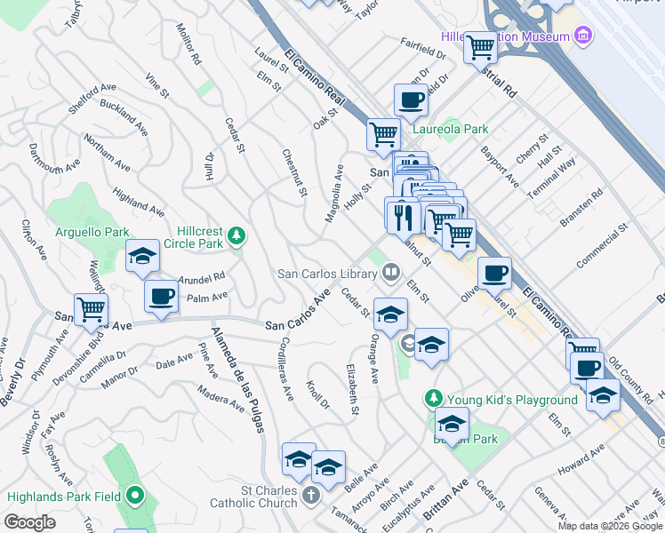 map of restaurants, bars, coffee shops, grocery stores, and more near 547 Cedar Street in San Carlos