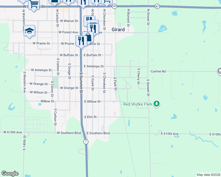 map of restaurants, bars, coffee shops, grocery stores, and more near 336 East Orange Street in Girard