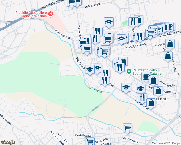 map of restaurants, bars, coffee shops, grocery stores, and more near 655 Via Palermo in Catania