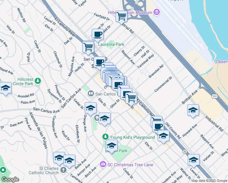 map of restaurants, bars, coffee shops, grocery stores, and more near 760 Laurel Street in San Carlos