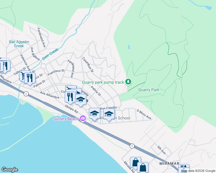 map of restaurants, bars, coffee shops, grocery stores, and more near 1122 Columbus Street in El Granada