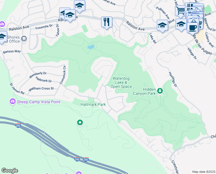map of restaurants, bars, coffee shops, grocery stores, and more near 2640 Wakefield Drive in Belmont