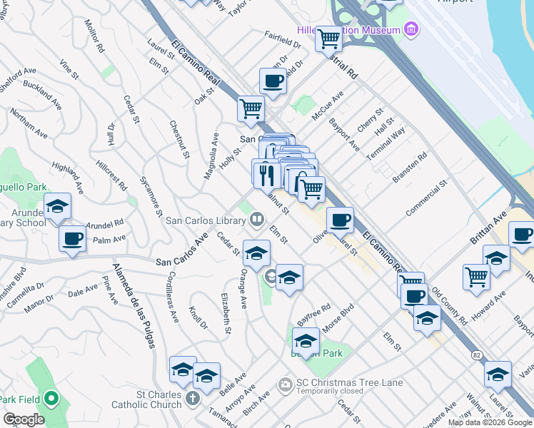 map of restaurants, bars, coffee shops, grocery stores, and more near 657 Elm Street in San Carlos
