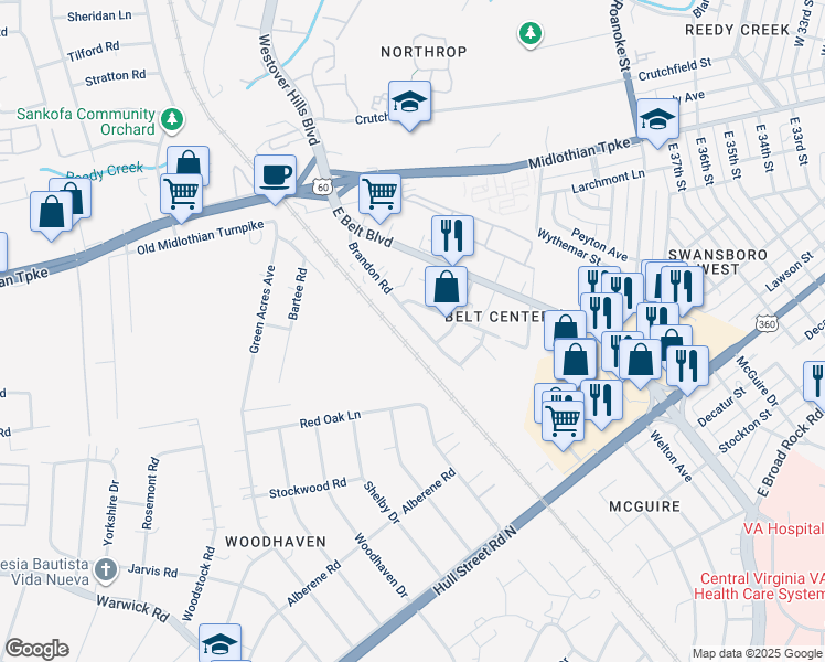 map of restaurants, bars, coffee shops, grocery stores, and more near 220 Brandon Road in Richmond