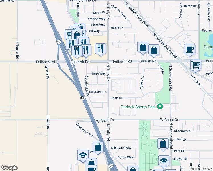 map of restaurants, bars, coffee shops, grocery stores, and more near 2100 Branding Iron Drive in Turlock