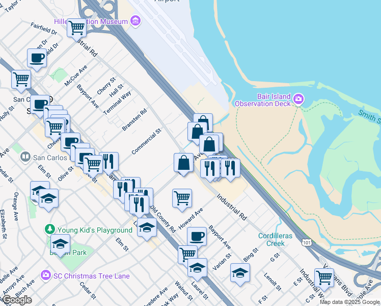 map of restaurants, bars, coffee shops, grocery stores, and more near 1091 Industrial Road in San Carlos