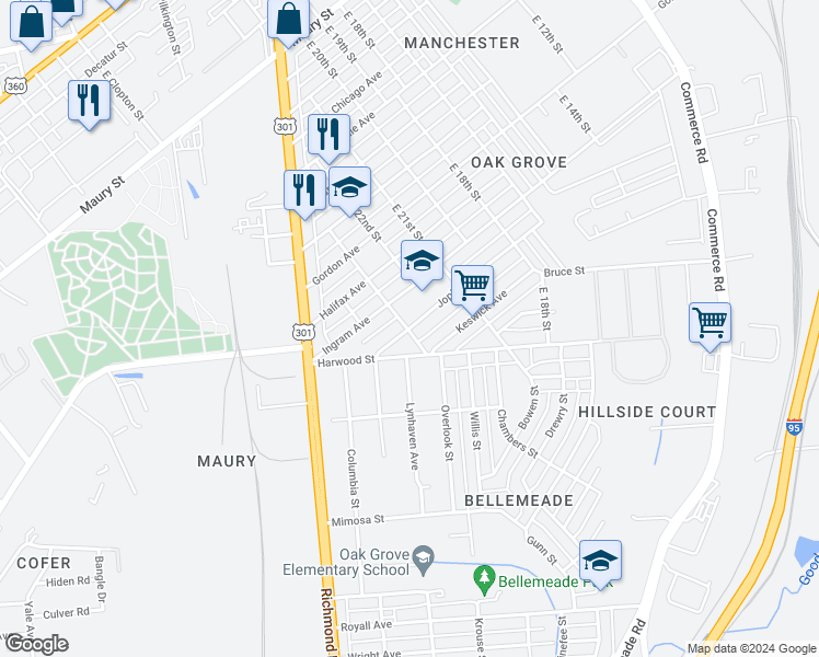 map of restaurants, bars, coffee shops, grocery stores, and more near 2278 Joplin Avenue in Richmond