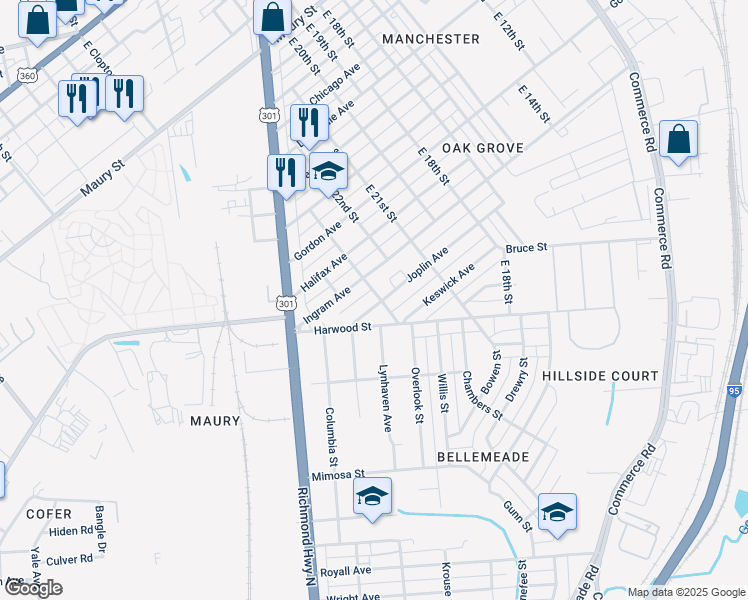 map of restaurants, bars, coffee shops, grocery stores, and more near 2301 Joplin Avenue in Richmond