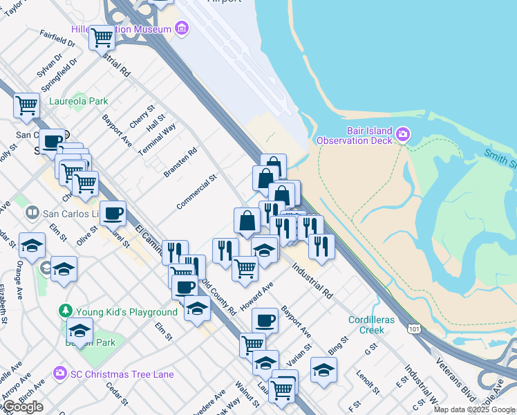 map of restaurants, bars, coffee shops, grocery stores, and more near 1091 Industrial Road in San Carlos
