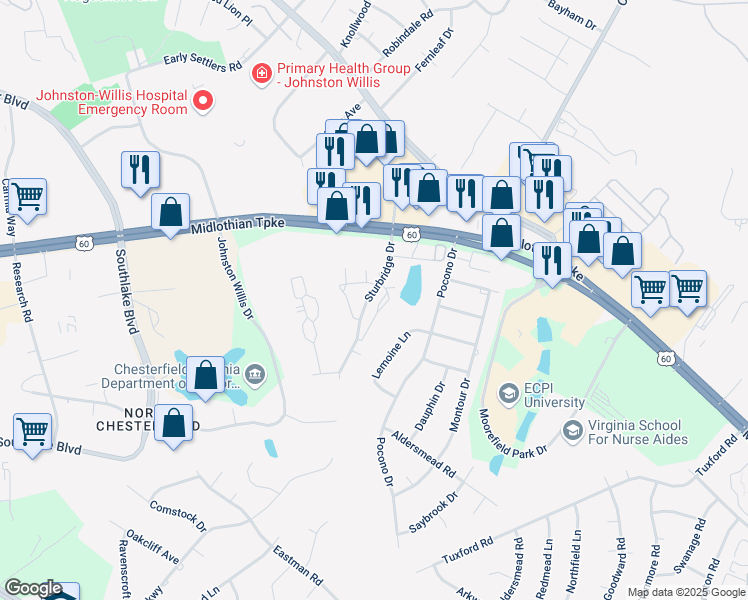 map of restaurants, bars, coffee shops, grocery stores, and more near 742 Sturgis Drive in Richmond