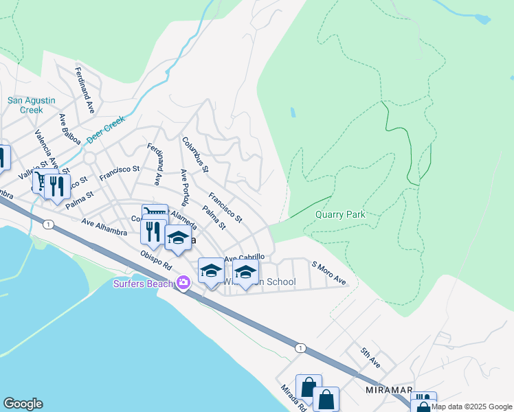 map of restaurants, bars, coffee shops, grocery stores, and more near 1163 Columbus Street in Half Moon Bay