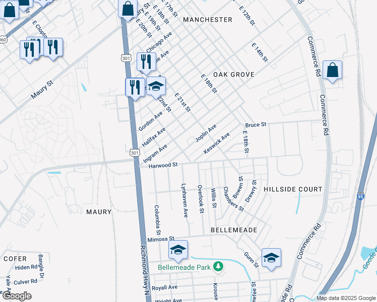 map of restaurants, bars, coffee shops, grocery stores, and more near 2214 Joplin Avenue in Richmond