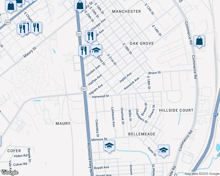 map of restaurants, bars, coffee shops, grocery stores, and more near 2301 Joplin Avenue in Richmond