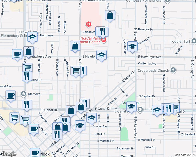 map of restaurants, bars, coffee shops, grocery stores, and more near 1250 Pioneer Avenue in Turlock