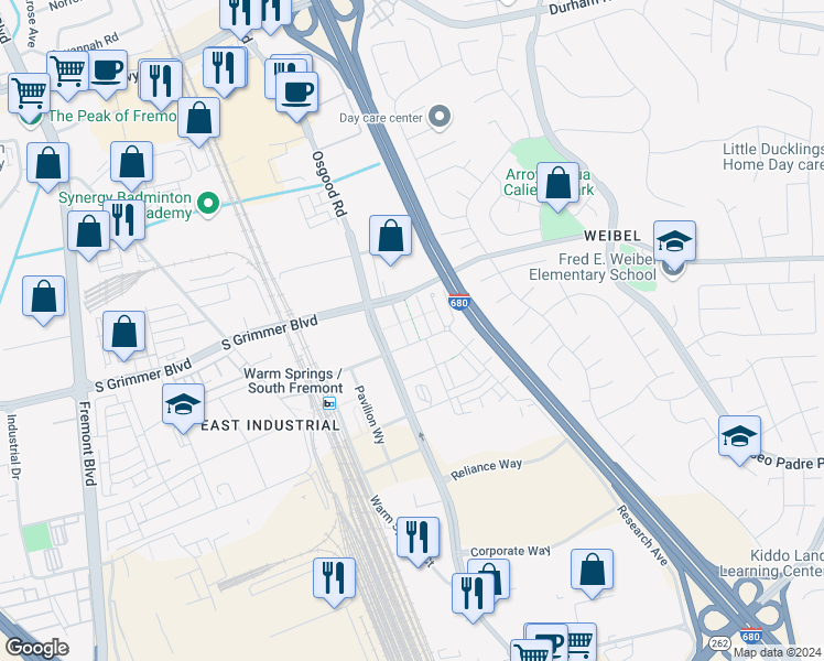 map of restaurants, bars, coffee shops, grocery stores, and more near 45168 Tom Blalock Street in Fremont