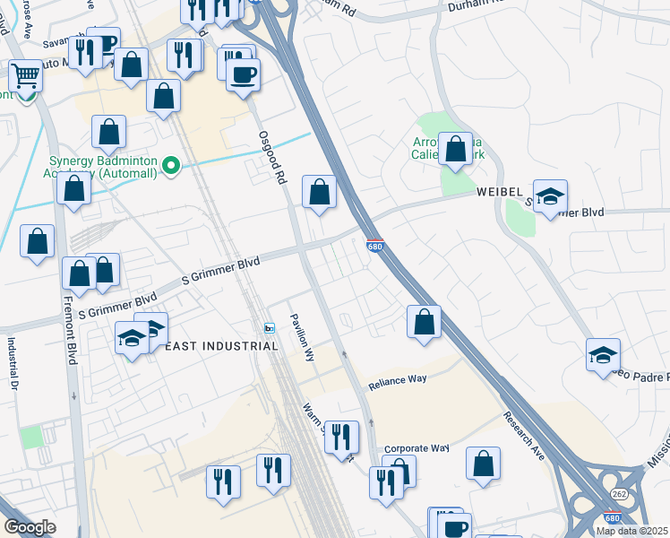 map of restaurants, bars, coffee shops, grocery stores, and more near 45168 Tom Blalock Street in Fremont