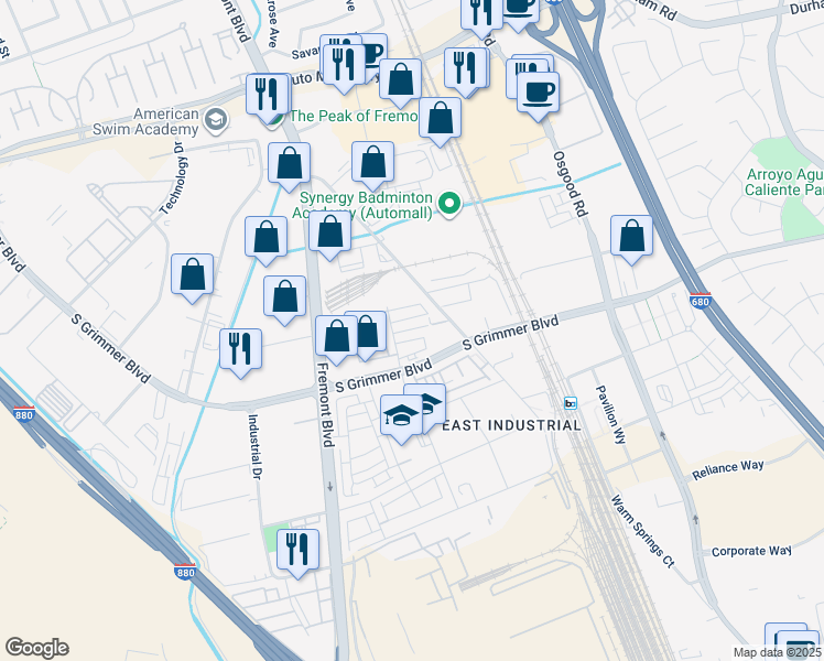 map of restaurants, bars, coffee shops, grocery stores, and more near 44601-44799 Old Warm Springs Boulevard in Fremont