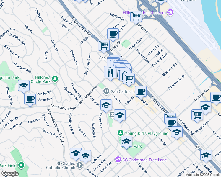 map of restaurants, bars, coffee shops, grocery stores, and more near in San Carlos