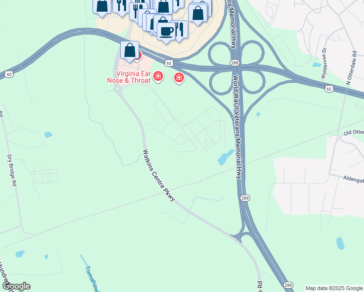 map of restaurants, bars, coffee shops, grocery stores, and more near 1201 Watkins Centre Parkway in Midlothian