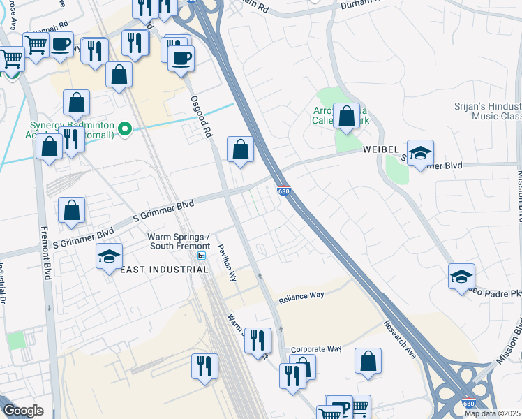map of restaurants, bars, coffee shops, grocery stores, and more near 45168 Tom Blalock Street in Fremont