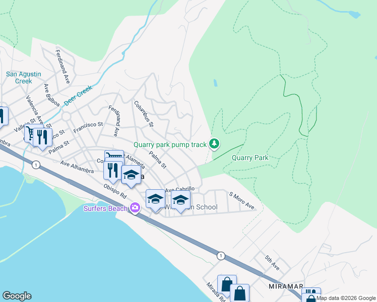 map of restaurants, bars, coffee shops, grocery stores, and more near 1163 Columbus Street in El Granada