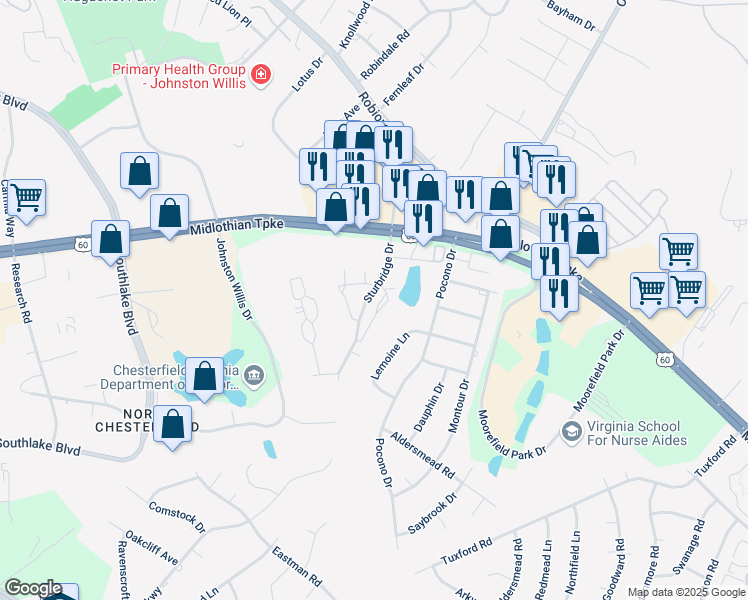 map of restaurants, bars, coffee shops, grocery stores, and more near 744 Sturgis Drive in Richmond