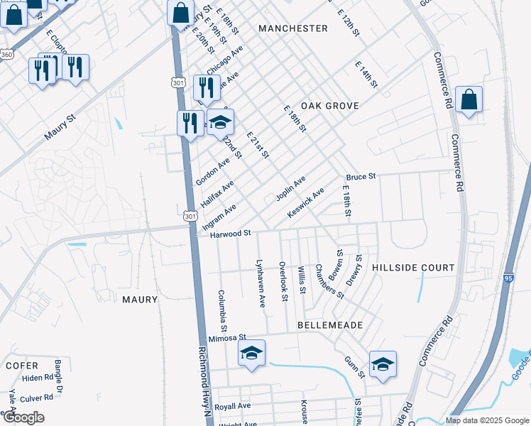 map of restaurants, bars, coffee shops, grocery stores, and more near 2214 Joplin Avenue in Richmond