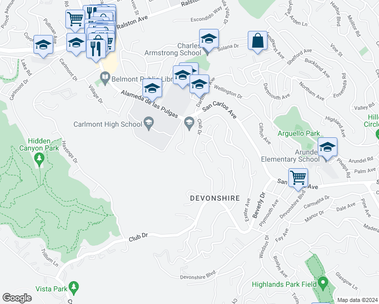 map of restaurants, bars, coffee shops, grocery stores, and more near 42 Club Drive in San Carlos