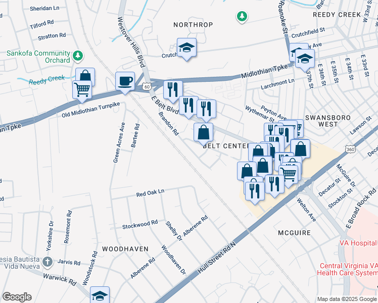 map of restaurants, bars, coffee shops, grocery stores, and more near 220 Brandon Road in Richmond