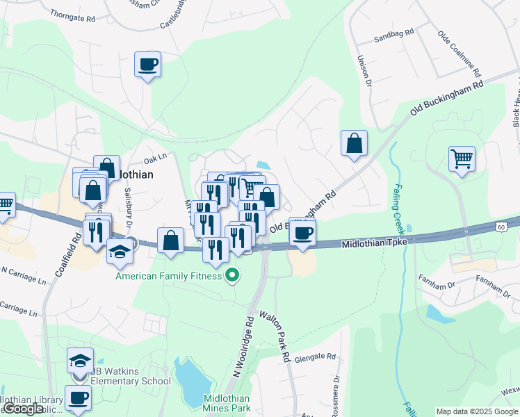 map of restaurants, bars, coffee shops, grocery stores, and more near 13100 Midlothian Turnpike in Midlothian