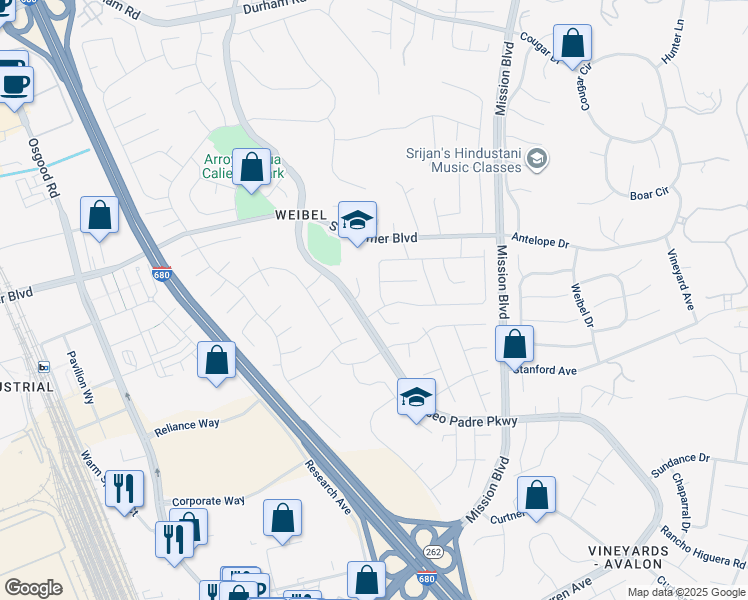 map of restaurants, bars, coffee shops, grocery stores, and more near 45435 Potawatami Drive in Fremont