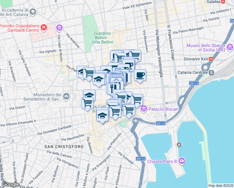 map of restaurants, bars, coffee shops, grocery stores, and more near 2 Via Cestai in Catania