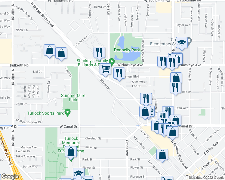 map of restaurants, bars, coffee shops, grocery stores, and more near 1140 North Front Street in Turlock