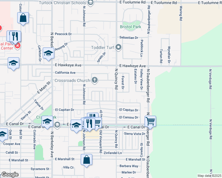 map of restaurants, bars, coffee shops, grocery stores, and more near 1260 Linn Court in Turlock