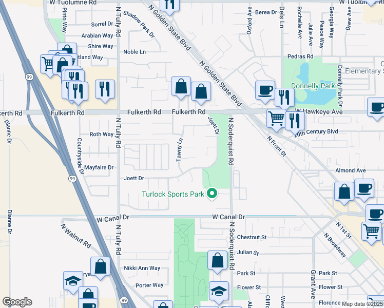 map of restaurants, bars, coffee shops, grocery stores, and more near 1469 Clotilde Court in Turlock