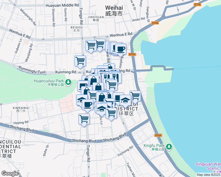 map of restaurants, bars, coffee shops, grocery stores, and more near 54号 Xinwei Road in Weihai