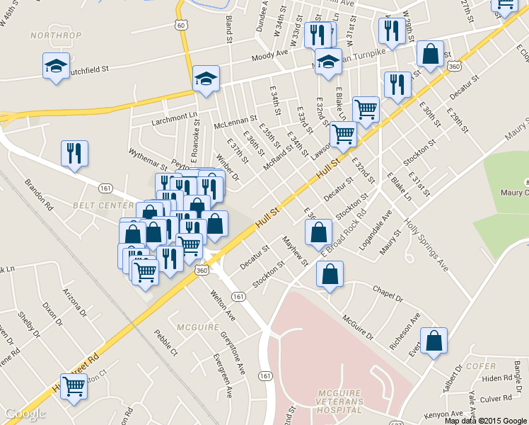 map of restaurants, bars, coffee shops, grocery stores, and more near 3735 Hull Street in Richmond