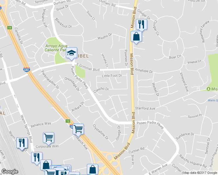 map of restaurants, bars, coffee shops, grocery stores, and more near 555 Concho Drive in Fremont