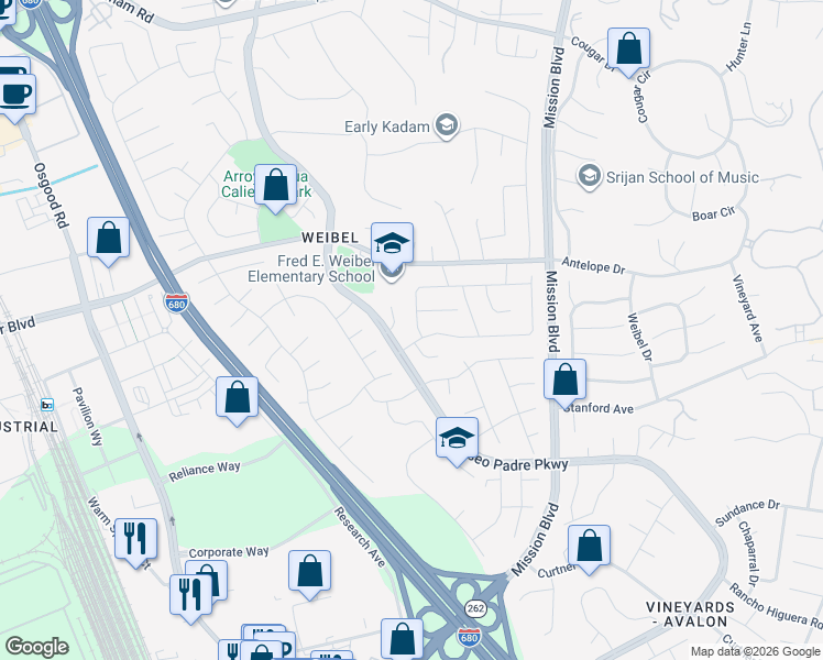 map of restaurants, bars, coffee shops, grocery stores, and more near 45435 Potawatami Drive in Fremont