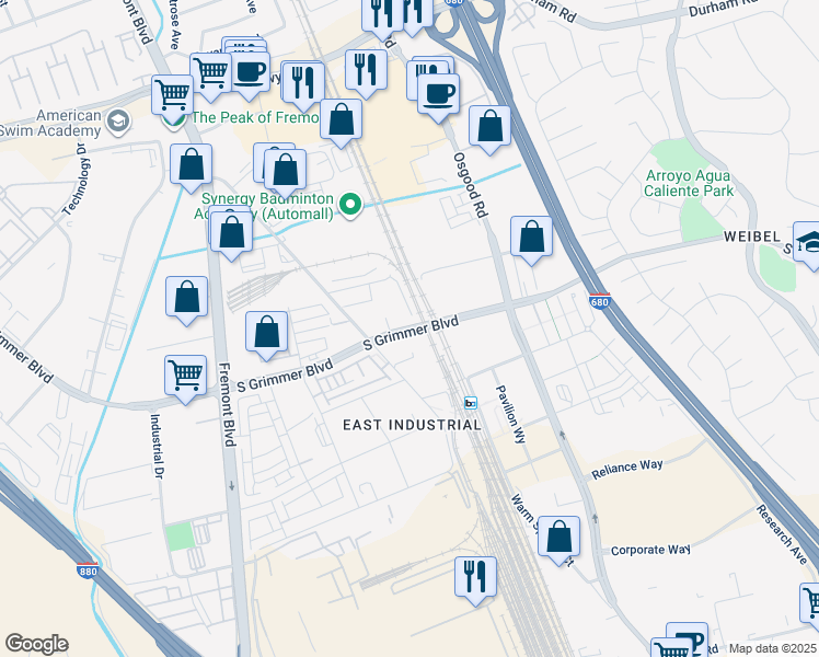 map of restaurants, bars, coffee shops, grocery stores, and more near 2878 Prune Street in Fremont