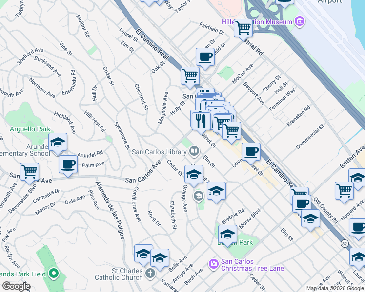 map of restaurants, bars, coffee shops, grocery stores, and more near 1441 San Carlos Avenue in San Carlos
