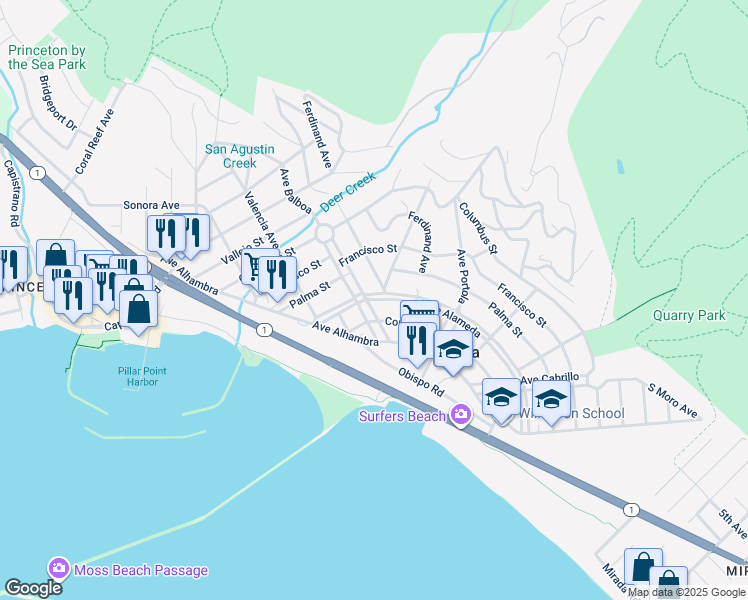 map of restaurants, bars, coffee shops, grocery stores, and more near 162 Avenue Balboa in El Granada