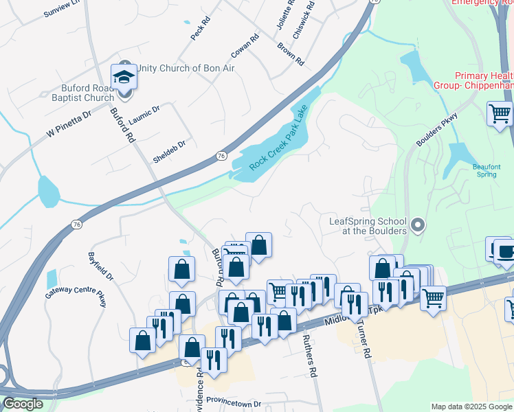 map of restaurants, bars, coffee shops, grocery stores, and more near 7901 Lake Shore Court in Richmond