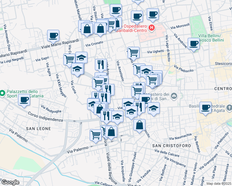 map of restaurants, bars, coffee shops, grocery stores, and more near 14 Via Privata Frà Liberato in Catania