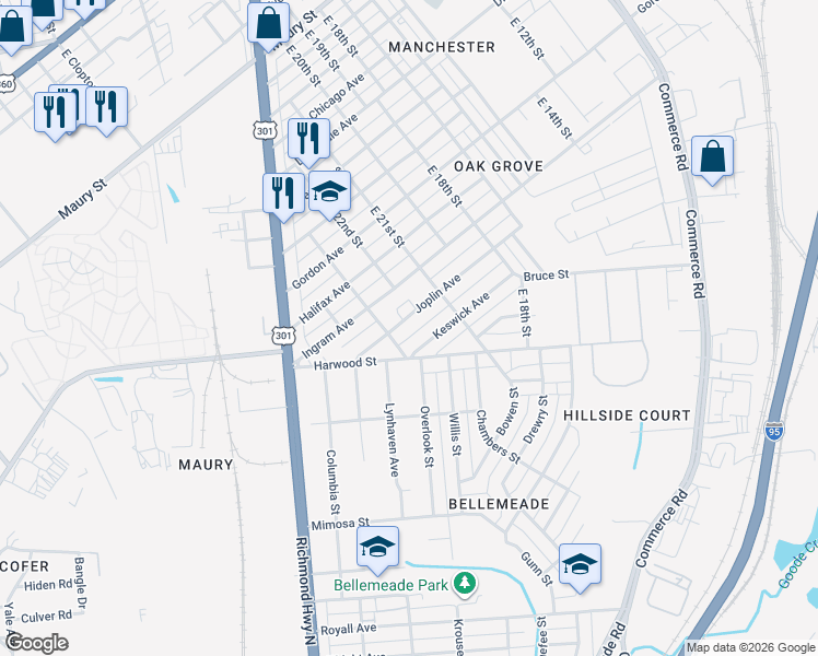 map of restaurants, bars, coffee shops, grocery stores, and more near 2208 Joplin Avenue in Richmond