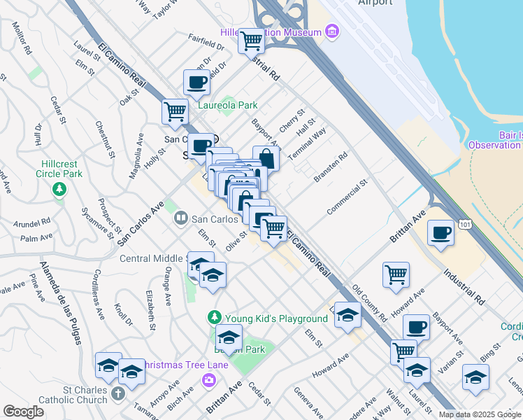 map of restaurants, bars, coffee shops, grocery stores, and more near 796 El Camino Real in San Carlos