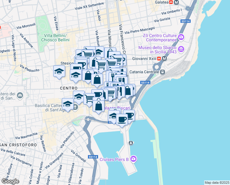 map of restaurants, bars, coffee shops, grocery stores, and more near 21 Via Monsignore Ventimiglia in Catania