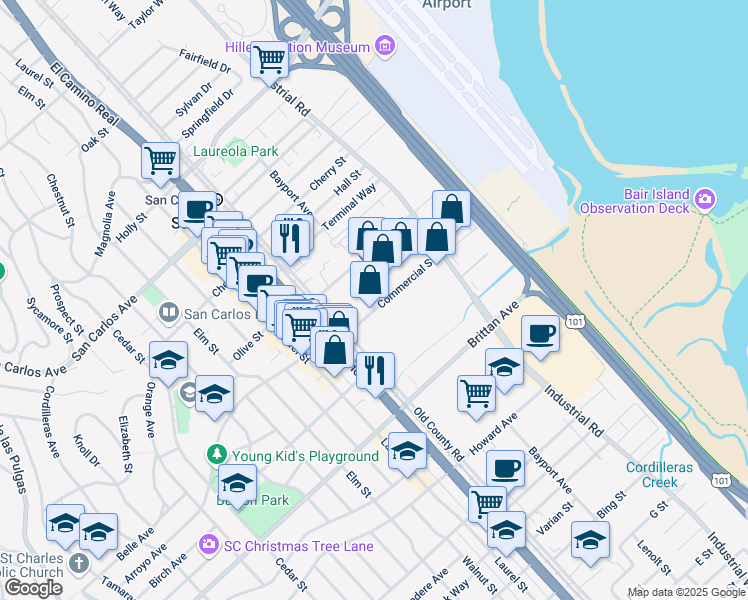 map of restaurants, bars, coffee shops, grocery stores, and more near 1003 Commercial Street in San Carlos
