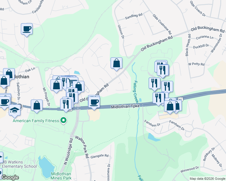 map of restaurants, bars, coffee shops, grocery stores, and more near 12710 Mill Lock Terrace in Midlothian
